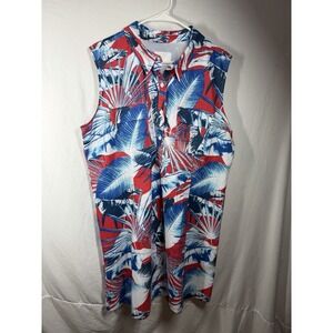 Reel Legends Mariner Women's XL Sleeveless Fishing Shirt Tropical Palm Red Blue